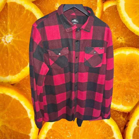 O'Neill Red and Black Plaid FLeece Button Up Shirt Size XL - Picture 2 of 9